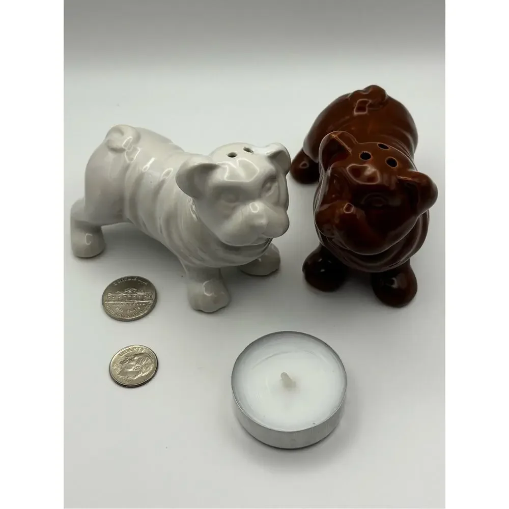 Ceramic Bulldog Salt & Pepper Shaker Set Brown & White Dog Kitchen Decor